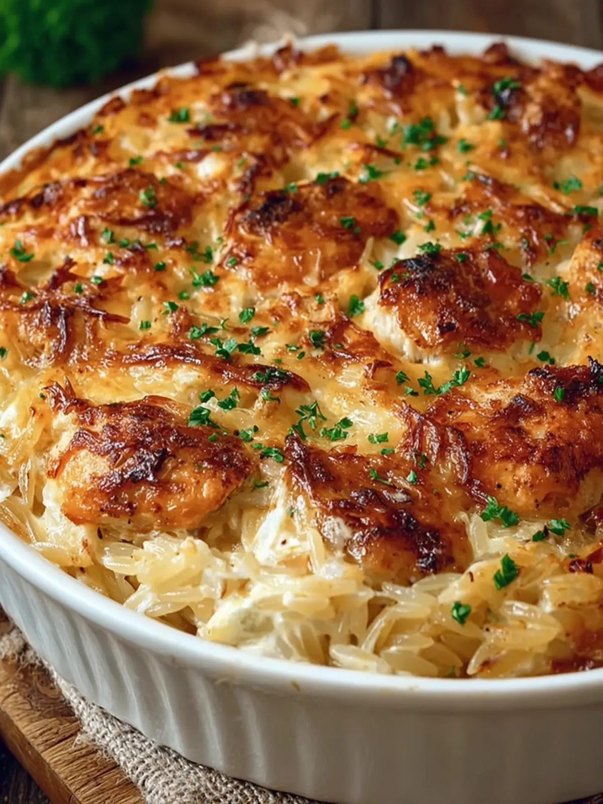 French Onion Chicken Orzo Casserole First Image